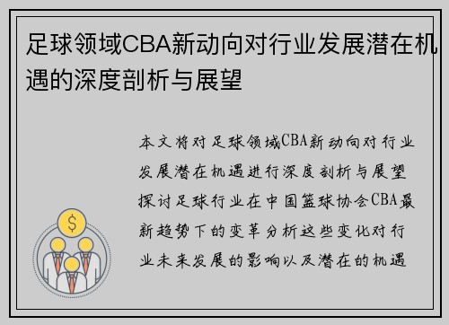 足球领域CBA新动向对行业发展潜在机遇的深度剖析与展望